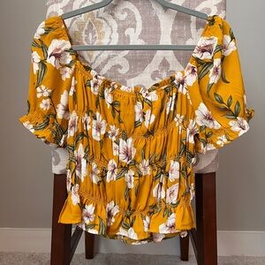Yellow Smocked Blouse with Flutter Sleeves